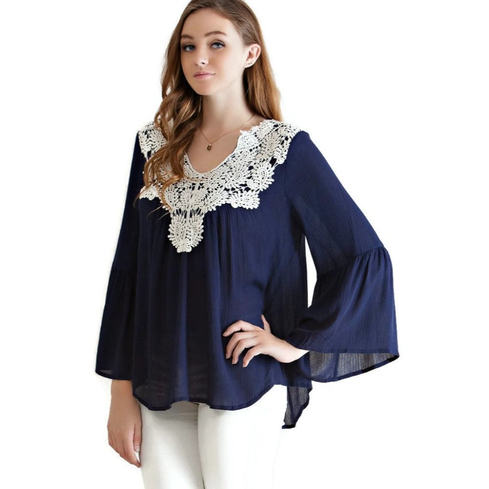 Entro Bell Sleeve Crochet Top, Navy